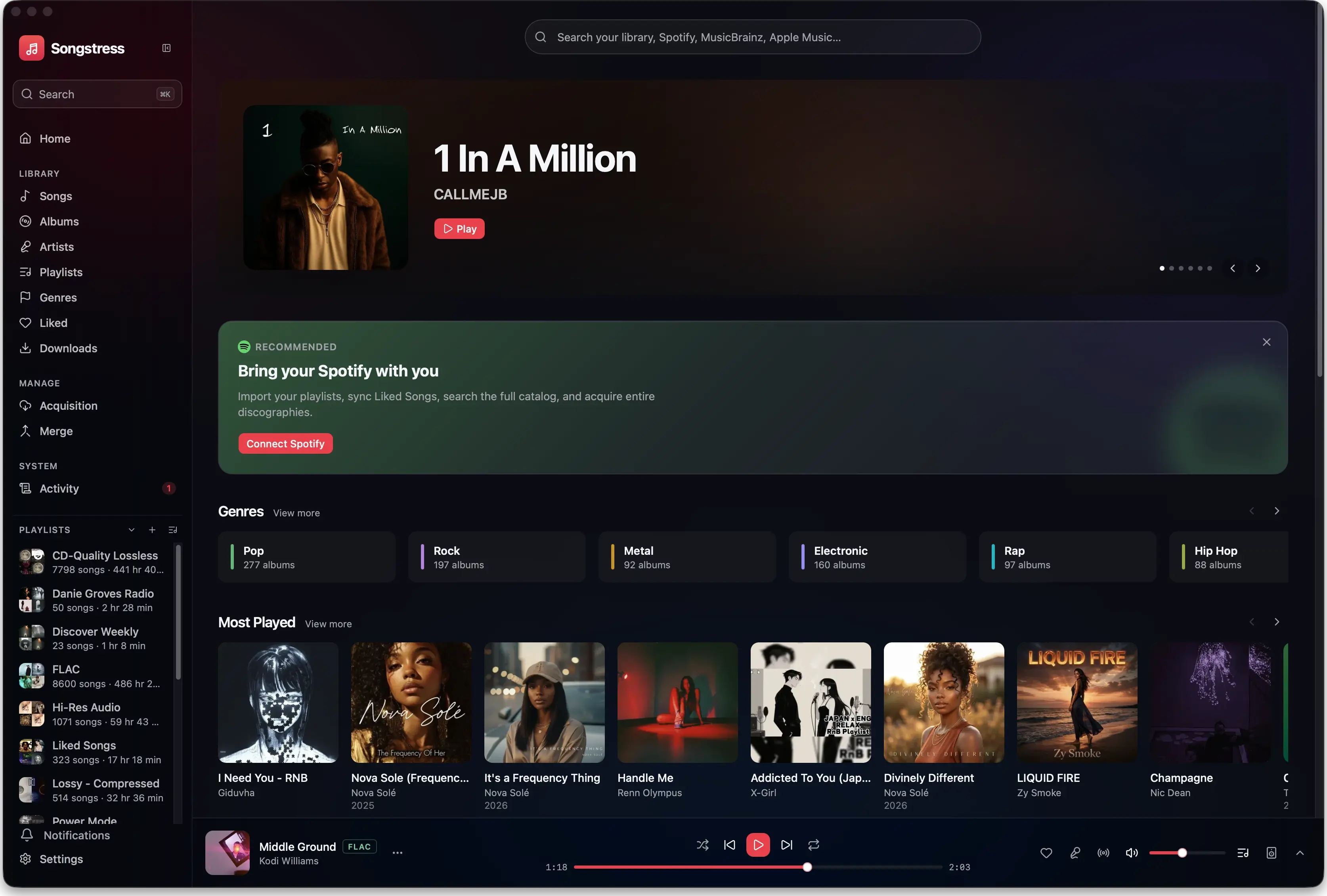 Songstress desktop app showing the home library view