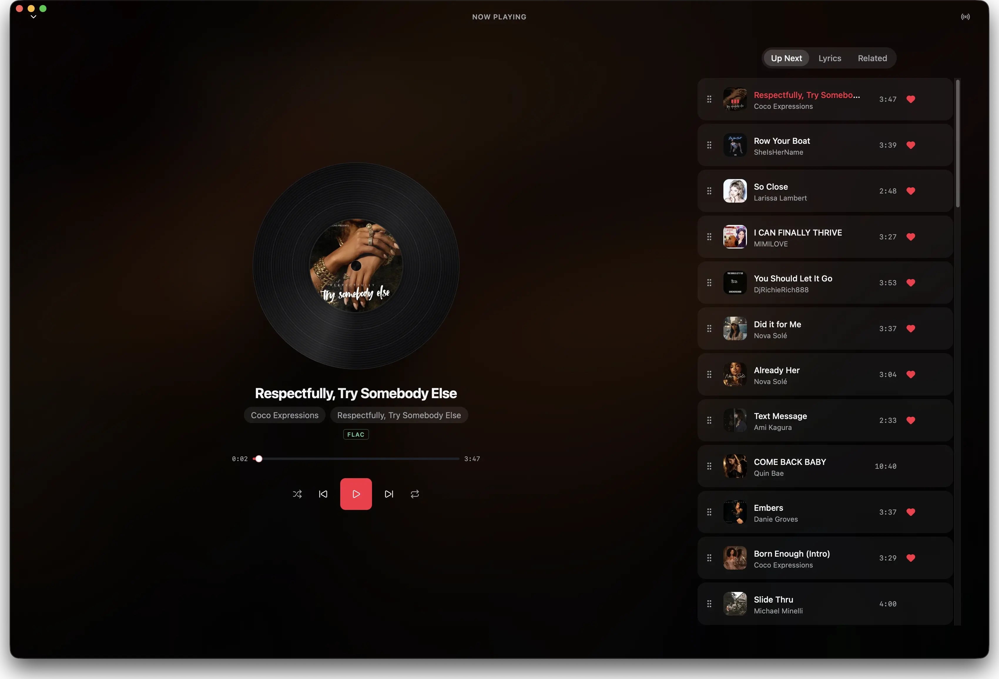 Songstress full-screen player with album artwork tinting the page